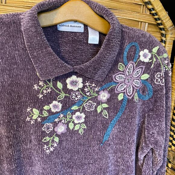 Vintage Alfred Dunner Purple Chenille Sweater Floral Embroidered Collared L - Picture 2 of 5